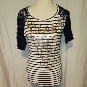 Daytrip Blue and Gold Striped Tee with Lace Sleeves